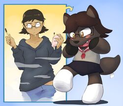  2019 animate_inanimate anthro before_and_after blush bottomwear canid canine canis clothed clothing cryo_lithius cute_fangs eyewear female food glasses hair hoodie human human_to_anthro human_to_inanimate inanimate_transformation living_plushie mammal open_mouth plushie plushification pocky shocked short_hair shrinking simple_background size_transformation skirt solo species_transformation subakitsu topwear transformation wolf 