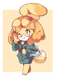  2019 animal_crossing anthro black_nose blonde_hair bottomwear canid canine canis clothing dipstick_tail domestic_dog eyewear female floppy_ears fur glasses hair hnzk_aroma isabelle_(animal_crossing) mammal markings monotone_bottomwear monotone_clothing monotone_skirt multicolored_tail nintendo one_eye_closed pencil_skirt shih_tzu skirt smile solo suit tail tail_markings toy_dog white_body white_fur wink yellow_body yellow_fur 