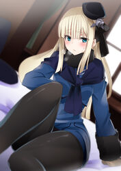  blonde_hair blue_eyes blush commentary_request fate/grand_order fate_(series) female fur_trim hat heavy_breathing highres long_hair lord_el-melloi_ii_case_files mini_hat on_bed pantyhose reines_el-melloi_archisorte solo sweat thighs vane_(vane0) 