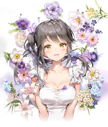  :d absurdres anemone_(flower) anmi black_hair blue_flower breasts brown_eyes cleavage collarbone commentary_request cropped_torso dahlia daisy dress female floral_background flower forget-me-not_(flower) highres leaf lily_(flower) long_hair medium_breasts open_mouth original pink_flower purple_flower rapeseed_blossoms rose side_ponytail sidelocks smile solo square_neckline upper_body white_dress white_flower white_rose yellow_flower 