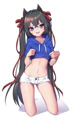  :3 absurdres animal_ears barefoot black_hair blue_dress blue_hoodie cat_ears clothes_lift collarbone commentary_request contrapposto crossed_bangs cutoffs dress facial_mark female hair_between_eyes hair_ribbon highres hood hoodie hoodie_lift kneeling konbu_(hida123) konyan_(konbu) lifting_own_clothes long_hair looking_at_viewer navel oerba_yun_fang open_mouth original red_ribbon ribbon short_shorts short_sleeves shorts simple_background smile smirk solo stomach twintails undressing very_long_hair whisker_markings white_background white_shorts 