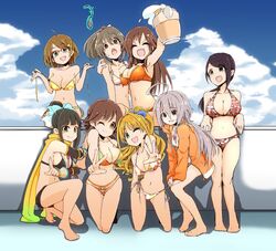  aqua_eyes arm_around_shoulder bent_spoon bikini black_hair breasts brown_eyes brown_hair cleavage closed_eyes cloud cloudy_sky commentary_request day drink green_eyes grey_eyes grey_hair hamaguchi_ayame highres himekawa_yuki hino_akane_(idolmaster) holding honda_mio hori_yuko hoshi_syoko idolmaster idolmaster_cinderella_girls large_breasts medium_breasts multiple_girls odd_one_out one_eye_closed open_mouth owerk sky smile spoon swimsuit tsuchiya_ako v yamato_aki 