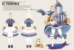  blonde_hair blue_eyes blue_shirt cannon character_name character_profile chiyo_goya commentary destroyer english_commentary english_text female full_body gloves hairband highres holding le_terrible_(destroyer) long_hair machinery mecha_musume military military_vehicle multiple_views original pantyhose personification reference_sheet rigging ship shirt short_sleeves sidelocks skirt smokestack standing thigh_strap torpedo_tubes turnaround turret warship watercraft weapon white_legwear white_skirt world_of_warships 