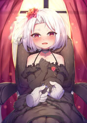  :d absurdres anchor backlighting bad_id bad_pixiv_id bare_shoulders black_choker black_dress black_gloves black_legwear blush choker collarbone crying crying_with_eyes_open curtains disembodied_hand dress elbow_gloves female flower forehead gloves hair_flower hair_ornament hand_up happy_tears highres indoors jewelry looking_at_viewer office_lady on_chair open_mouth pantyhose parted_bangs putting_on_jewelry ray_(pixiv9514208) red_eyes red_flower red_rose ring rose see-through short_hair sitting sleeveless sleeveless_dress smile solo_focus sunset tears veil vittorio_veneto_(warship_girls_r) warship_girls_r wedding_dress wedding_ring white_hair window 