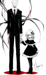  1boy absurdres artist_name blood blood_drip blood_on_hands boots bow capelet claws collar collared_shirt commentary creepypasta cross cross_necklace dress faceless faceless_male female formal frilled_collar frills greyscale hair_over_one_eye hairbow height_difference highres holding_finger holding_hands jewelry long_sleeves looking_at_viewer monochrome necklace necktie original pants pantyhose sheya shirt short_dress short_hair signature simple_background slender_man smile spot_color suit symbol-only_commentary tentacle white_background 