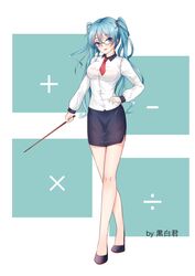  absurdres artist_name bad_id bad_pixiv_id black_footwear black_skirt blue_eyes blue_hair collared_shirt dress_shirt female full_body glasses hair_between_eyes hand_on_own_hip hatsune_miku head_tilt high_heels highres holding kyudo_(hysnxas) long_hair long_sleeves looking_at_viewer miniskirt minus_sign necktie parted_lips pencil_skirt plus_sign pumps red_necktie semi-rimless_eyewear shirt short_necktie side_slit skirt smile solo standing teacher twintails under-rim_eyewear very_long_hair vocaloid white_background white_shirt 