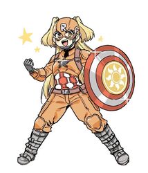  belt blonde_hair boots captain_america captain_america_(cosplay) captain_america_(series) commentary cosplay female idolmaster idolmaster_cinderella_girls jougasaki_rika marvel mojimojiable pun shield solo star_(symbol) sun_symbol white_background yellow_eyes 