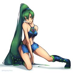  bare_arms bare_shoulders between_legs blue_footwear blue_skirt boots breasts collarbone commentary corrupted_metadata cosplay english_commentary female fire_emblem fire_emblem:_the_blazing_blade full_body green_eyes green_hair hair_between_eyes hand_between_legs head_tilt high_ponytail jojo_no_kimyou_na_bouken knee_boots kneeling kujo_jolyne kujo_jolyne_(cosplay) legs_apart long_hair looking_at_viewer lyn_(fire_emblem) medium_breasts midriff miniskirt navel on_one_knee parted_lips phiphi-au-thon ponytail shadow side_slit simple_background skirt sleeveless solo spider_web_print stone_ocean twitter_username very_long_hair white_background 