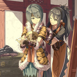  2girls alternate_costume animal_print armor beruka_(fire_emblem) blue_hair chest_of_drawers closed_mouth commentary_request fire_emblem fire_emblem_fates fur_trim green_hair hairband harusame_(rueken) headband long_hair multiple_girls oboro_(fire_emblem) one_eye_closed ponytail short_hair short_sleeves smile tiger_print 