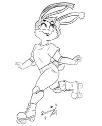  2019 anthro batnbun biped buckteeth clothed clothing croxovergoddess elbow_pads english_text eyelashes female flat_chested fur hair hi_res knee_pads lagomorph leporid long_ears mammal monochrome quad_skates rabbit roller_skates simple_background skating smile solo teeth text 