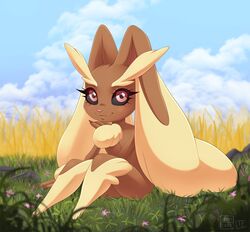  2019 anthro arm_support big_eyes biped black_sclera dannyckoo eyelashes female flower fur generation_4_pokemon grass hi_res lagomorph long_ears looking_at_viewer lopunny mammal nails nintendo nude on_ground outside plant pokemon pokemon_(species) red_eyes sitting sky smile solo tresertf 