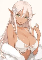  blush bra breasts cleavage commentary dark-skinned_female dark_elf dark_skin elf female fur gem hair_ornament long_hair looking_at_viewer morisawa_haruyuki open_mouth original pearl_(gemstone) pointy_ears shiny_skin simple_background solo underwear white_background white_bra white_hair yellow_eyes 