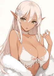  :o bare_shoulders bra breasts choker cleavage coat commentary dark-skinned_female dark_elf dark_skin elf female fur_coat gem hair_ornament holding holding_gem lace lace_choker large_breasts long_hair looking_at_viewer morisawa_haruyuki open_mouth original pearl_(gemstone) photoshop_(medium) pointy_ears shiny_skin simple_background solo underwear white_background white_bra white_choker white_hair yellow_eyes 