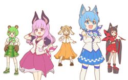  5girls :3 :d ahoge animal_ear_fluff animal_ears animal_hands animare bad_link badge bare_shoulders bat_ears bear_ears bear_hair_ornament bear_paws black_hair black_ribbon black_sleeves blue_eyes blue_hair blush_stickers bow breasts brown_hair checkered_clothes checkered_skirt commentary crossed_arms d: detached_sleeves dog_ears dress ear_piercing fishnet_thighhighs fishnets flat_color frilled_skirt frilled_sleeves frills gagame gloves green_bow green_eyes green_footwear green_hair green_skirt hair_ornament hair_ribbon hands_on_own_hips hinokuma_ran inaba_haneru_(animare) inari_kuromu jitome kiseru light_brown_hair long_dress long_hair looking_at_viewer multicolored_hair multiple_girls nanashi_inc. oerba_yun_fang open_mouth orange_dress orange_eyes pantyhose paw_gloves piercing pink_hair pink_skirt platform_footwear polka_dot polka_dot_bow puffy_short_sleeves puffy_sleeves rabbit_ears red_eyes red_hair red_skirt ribbon scarf scarf_bow shoes short_hair short_sleeves skirt smile smoking_pipe sneakers socks souya_ichika souya_ichika_(1st_costume) suspender_skirt suspenders thighhighs twintails umori_hinako virtual_youtuber white_legwear wide_sleeves wrist_ribbon 