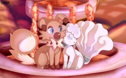  alolan_form alolan_vulpix ambiguous_gender black_nose bow_ribbon brown_body brown_fur darious_(lightsoul) duo fan_character feral fountain fur garruuk generation_7_pokemon lore_of_unity_(copyright) multi_tail nintendo pink_nose pokemon pokemon_(species) regional_form_(pokemon) ribbon_(lightsoul) ribbons rockruff sunset tail white_body white_fur 