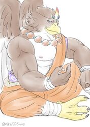  abs anthro avian beads beak biceps brown_body brown_feathers clothed clothing d6 dice feathered_wings feathers gandharva_(tas) lifewonders male multicolored_body multicolored_feathers muscular muscular_anthro muscular_male pecs prayer_beads signature smile solo srw225we tokyo_afterschool_summoners two_tone_body two_tone_feathers white_body white_feathers wings 