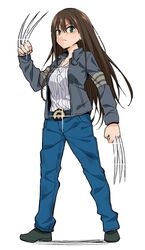  brown_hair claws commentary cosplay dog_tags earrings female green_eyes highres idolmaster idolmaster_cinderella_girls jacket jewelry long_hair marvel mojimojiable pants pun shibuya_rin solo white_background wolverine_(x-men) wolverine_(x-men)_(cosplay) x-men 