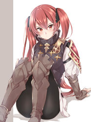  armor armored_boots black_legwear blush boots breasts brown_footwear brown_gloves commentary_request female fingerless_gloves fire_emblem fire_emblem_fates fire_emblem_heroes gambeson gloves grey_background hair_between_eyes hair_ribbon jiino knee_boots knees_together_feet_apart long_hair long_sleeves looking_at_viewer medium_breasts pants red_eyes red_hair ribbon selena_(fire_emblem_fates) shirt shoulder_armor sitting solo turtleneck twintails two-tone_background very_long_hair vest white_background 