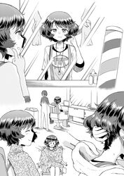  adjusting_another&#039;s_hair akiyama_yukari bang barber barber_chair barber_pole blush bottle closed_eyes dog_tags doujinshi faceless faceless_male female finger_gun girls_und_panzer hand_in_another&#039;s_hair hand_on_another&#039;s_head highres hirota_masatane indoors jewelry messy_hair mirror monochrome neck necklace scratching_head screentones short_hair short_sleeves shy sitting suspenders |_| 