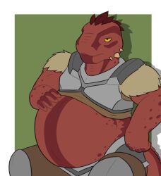  2018 5_fingers anthro argonian armor belly big_belly bloated bottomwear breastplate brown_bottomwear brown_clothing brown_pants brown_shirt brown_tank_top brown_topwear cheek_spikes clothing digital_drawing_(artwork) digital_media_(artwork) drop_shadow facial_spikes fingers flat_colors half-closed_eyes hand_on_belly knee_pads male microsoft mouth_closed multicolored_body multicolored_scales narrowed_eyes orange_eyes overweight overweight_anthro overweight_male pants red_body red_scales red_spines red_tail scales scalie shirt simple_background sitting solo spikes spikes_(anatomy) tail tan_spikes tank_top tassets the_elder_scrolls theannoyingnpc topwear unimpressed 