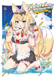  4-fingers_heart_hands :3 absurdres animal_ear_fluff animal_ears apron beach bikini bikini_skirt black_bikini blonde_hair blue_sky bow cloud cover cover_page doujin_cover female fingernails fox_ears fox_girl fox_tail frilled_skirt frills fuwafuwa-chan_(kamiyoshi_rika) grey_hair hairbow highres kamiyoshi_rika kneeling light_blush long_hair looking_at_viewer low_twintails multicolored_hair navel oerba_yun_fang open_mouth original outdoors plaid_bow red_bow sandals skirt sky smile solo swimsuit tail twintails two-tone_hair very_long_hair water wavy_hair white_apron white_bow white_hair 