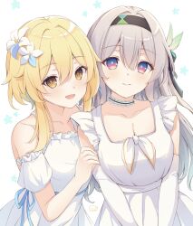  2girls blonde_hair blue_ribbon blush breasts choker cleavage closed_mouth collarbone commentary_request crossover dress elbow_gloves firefly_(honkai:_star_rail) floral_background flower frilled_choker frilled_dress frills genshin_impact gloves grey_hair hair_between_eyes hair_flower hair_ornament hand_on_another&#039;s_arm highres honkai:_star_rail honkai_(series) kiri_celea long_hair looking_at_viewer lumine_(genshin_impact) medium_breasts multiple_girls open_mouth pink_eyes ribbon sidelocks smile upper_body v_arms white_background white_choker white_gloves yellow_eyes 