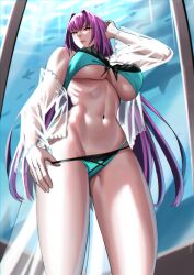  aquarium bare_shoulders bikini black_bikini breasts cleavage fate/grand_order fate_(series) female green_bikini hair_between_eyes highres large_breasts long_hair long_sleeves looking_at_viewer navel off_shoulder open_clothes open_shirt purple_hair red_eyes scathach_(fate) scathach_skadi_(fate) scathach_skadi_(swimsuit_ruler)_(fate) scathach_skadi_(swimsuit_ruler)_(final_ascension)_(fate) see-through solo swimsuit thighs two-tone_bikini zinfian 