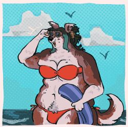  2024 anthro avian beach belly_tuft bikini bird black_nose blue_sky blue_towel border border_collie breasts brown_eyewear brown_hair brown_inner_ear brown_sunglasses brown_tail canid canine canis cleavage clothed clothing cloud collie colored day digital_drawing_(artwork) digital_media_(artwork) domestic_dog ear_tuft eyewear fangs female flockdog fluffy fluffy_tail flying fur green_hair hair herding_dog hi_res holding_object holding_towel mammal multicolored_body multicolored_fur multicolored_hair multicolored_tail navel open_mouth open_smile outside overweight overweight_anthro overweight_female pastoral_dog pawpads ponytail red_bikini red_clothing red_swimwear roxanne_(flockdog) sea sheepdog sky smile solo sunglasses swimwear tail tan_pawpads teeth towel trans_(lore) trans_woman_(lore) tuft two-piece_swimsuit under_boob water white_body white_border white_breasts white_fur white_tail 