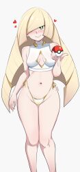  bikini blonde_hair blush breasts female green_eyes hair_over_one_eye heart highres long_hair looking_at_viewer lusamine_(pokemon) mature_female navel pabsmikan poke_ball pokemon pokemon_sm side-tie_bikini_bottom simple_background small_breasts smile solo swimsuit thighs white_background 