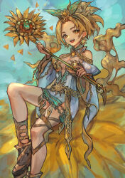  :d absurdres bare_shoulders blonde_hair breasts brown_footwear cleavage commentary_request detached_sleeves earrings female flower foot_out_of_frame highres holding holding_staff jewelry looking_at_viewer medium_breasts open_mouth orange_nails original parted_bangs sabamiso_taro shirt short_hair sitting smile solo staff sun_symbol sunflower teeth upper_teeth_only white_shirt white_sleeves wide_sleeves yellow_eyes yellow_flower 