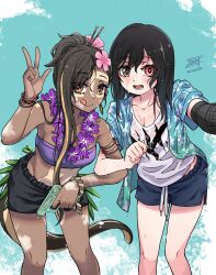  2girls bandeau black_hair black_shorts blonde_hair bracelet breasts brown_eyes cleavage commentary d-flag_shelter dark-skinned_female dark_skin dated dolphin_shorts finger_on_trigger flower hair_flower hair_ornament hair_stick heterochromia highres holding holding_water_gun jewelry locked_arms medium_breasts multicolored_hair multiple_girls original ponytail purple_bandeau red_eyes see-through see-through_shirt selfie shirt short_shorts shorts signature single_sidelock streaked_hair tail tongue tongue_out two-tone_hair vitiligo w water_gun wet wet_clothes wet_shirt 