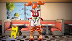  3d 3d_(artwork) animatronic baby_(fnafsl) big_breasts blue_eyes bow circus_baby circus_baby_(fnaf) dinner five_nights_at_freddy&#039;s jailbait_knight red_hair roller_skates sfm source_filmmaker twintails 