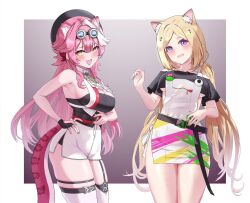  2girls aki_rosenthal aki_rosenthal_(gaming_casual) animal_ear_fluff animal_ears ar-khey artist_glove beret black_gloves black_hat black_shirt blonde_hair blush breasts cat_ears cat_girl cat_tail gloves goggles goggles_on_head hat highres hololive hololive_english large_breasts low_twintails multicolored_hair multiple_girls official_alternate_costume open_mouth overalls pink_hair purple_eyes raora_panthera shirt shorts single_glove smile streaked_hair tail thigh_strap thighhighs twintails vest virtual_youtuber white_hair white_overalls white_shorts white_thighhighs white_vest yellow_eyes 