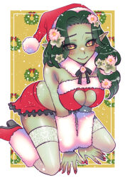  ao_(yashuring) arm_warmers between_legs black_sclera center_opening christmas closed_mouth clothing_cutout colored_sclera colored_skin commentary_request commission female female_orc green_hair green_skin hand_between_legs heart_cutout highres kneeling leg_warmers long_hair looking_at_viewer orc original pointy_ears red_nails santa_costume skeb_commission smile solo yellow_background yellow_eyes 