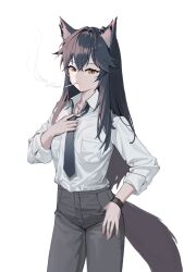  alternate_costume animal_ear_fluff animal_ears arknights black_hair brown_eyes cigarette collared_shirt grey_pants highres holding holding_cigarette long_hair loose_necktie necktie open_collar pants shirt shirt_tucked_in siguya simple_background sleeves_rolled_up smoking tail texas_(arknights) watch white_background white_shirt wolf_ears wolf_girl wolf_tail wristwatch 