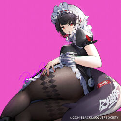  absurdres argyle_clothes argyle_legwear argyle_pantyhose artist_name black_hair black_pantyhose blackcat_enjia breasts commentary copyright_notice covered_nipples ellen_joe fine_fabric_emphasis fins fish_tail glaring highres large_breasts looking_back maid maid_headdress metal_hairband mole mole_on_arm mole_under_eye mouth_hold nail_polish pantyhose pink_background puffy_short_sleeves puffy_sleeves red_nails shark_tail short_hair short_sleeves signature simple_background tail zenless_zone_zero 