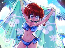  arms_up bikini blue_bikini blue_eyes blush braid braided_ponytail breasts cleavage cloud eyeshadow floral_print_bikini front-tie_bikini_top front-tie_top holding holding_towel island looking_at_viewer makeup narrow_waist ocean palm_leaf palm_tree purple_eyeshadow ranma-chan ranma_1/2 red_hair rule_63 saotome_ranma side-tie_bikini_bottom signature sky smile sparkle sparkling_eyes sweat sweatdrop swimsuit towel tree wanta_(futoshi) 