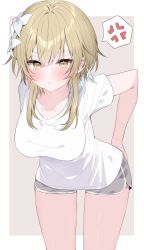  anger_vein bare_legs bent_over black_shorts blonde_hair blush border breasts collarbone cowboy_shot cropped_legs female flower genshin_impact grey_background hair_between_eyes hair_flower hair_ornament highres komomo_(ptkrx) large_breasts looking_at_viewer lumine_(genshin_impact) shirt short_hair_with_long_locks short_shorts shorts spoken_anger_vein white_border white_shirt yellow_eyes 