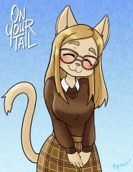  anthro big_breasts blonde_hair blush bottomwear breast_squish breasts cat_girl_(on_your_tail) cat_smile clothed clothing collared_shirt colored cupped_hands digital_media_(artwork) domestic_cat ears_up english_text eyebrows eyewear felid feline felis female fingers fur glasses hair happy head_tilt hi_res inner_ear_fluff kprov long_hair mammal on_your_tail shaded shirt signature simple_background skirt smile smiling_at_viewer solo squish standing sweater tail tail_fluff tan_body tan_fur text topwear tuft undershirt 