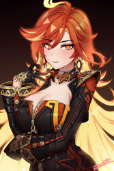  ahoge arm_under_breasts artist_name black_background black_bikesuit black_gloves blonde_hair breasts choker cleavage commentary_request earrings english_commentary female genshin_impact gloves glowing glowing_hair hair_between_eyes hand_up highres holding holding_removed_eyewear jewelry large_breasts long_hair long_sleeves looking_at_viewer mavuika_(genshin_impact) mixed-language_commentary multicolored_hair paid_reward_available partially_unzipped red_eyes red_hair rimless_eyewear smile solo tinted_eyewear unworn_eyewear upper_body very_long_hair zero130 