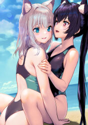  2girls animal_ear_fluff animal_ears ass beach black_hair black_one-piece_swimsuit blue_archive blue_eyes blue_sky breasts cat_ears cloud competition_swimsuit cosplay cross_hair_ornament day extra_ears grey_hair hair_ornament halo highres horizon long_hair low_ponytail matching_outfits medium_breasts medium_hair mismatched_pupils multicolored_clothes multicolored_swimsuit multiple_girls ocean official_alternate_costume one-piece_swimsuit outdoors red_eyes sakae_sushi serika_(blue_archive) shiroko_(blue_archive) shiroko_(blue_archive)_(cosplay) shiroko_(swimsuit)_(blue_archive) sky swimsuit twintails wolf_ears 