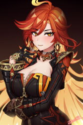  ahoge arm_under_breasts artist_name black_background black_bikesuit black_gloves blonde_hair breasts choker cleavage commentary_request earrings english_commentary female genshin_impact gloves hair_between_eyes hand_up highres holding holding_removed_eyewear jewelry large_breasts long_hair long_sleeves looking_at_viewer mavuika_(genshin_impact) mixed-language_commentary multicolored_hair paid_reward_available partially_unzipped red_eyes red_hair rimless_eyewear smile solo tinted_eyewear unworn_eyewear upper_body very_long_hair zero130 