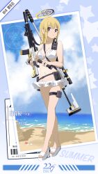  22/7 absurdres beach bikini blonde_hair blue_archive blue_background breasts character_name cleavage closed_mouth collarbone cosplay female flashlight frilled_bikini frills fujima_sakura full_body group_name gun halo highres holding holding_flashlight holding_gun holding_weapon long_hair morinomiya_ruri ocean purple_eyes sandals solo summer swimsuit weapon white_bikini white_footwear yellow_halo 