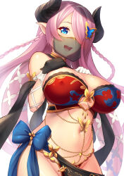  asymmetrical_gloves bare_shoulders black_gloves black_sash blue_bow blue_ribbon bow breasts chains commentary_request covered_nipples cowboy_shot dancer draph female gloves goat_horns gold_chain gold_trim granblue_fantasy hands_on_own_chest highres horns large_breasts long_hair long_pointy_ears looking_at_viewer luupechi mouth_veil narmaya_(granblue_fantasy) navel open_mouth parted_bangs pointy_ears revealing_clothes ribbon sash shadow simple_background solo sparkle teeth tongue upper_teeth_only veil white_background white_gloves 