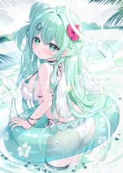  :o angel_wings ass bikini braid breasts cross female flower green_eyes green_hair hair_flower hair_ornament halo highres long_hair looking_at_viewer medium_breasts mikaze_oto original partially_submerged red_flower solo swimsuit thigh_strap wet wet_hair white_bikini white_halo white_wings wings 