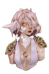  armor au_ra bridge_piercing closed_mouth crescent crescent_necklace cropped_arms cropped_torso dress extra_horns eyelashes female final_fantasy final_fantasy_xiv highres horns inoaart jewelry looking_at_viewer monster_girl necklace pauldrons pink_hair plunging_neckline short_hair shoulder_armor simple_background solo upper_body warrior_of_light_(ff14) white_background white_dress yellow_eyes 