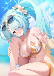  aqua_hair beach bikini black_eyes blue_archive blue_halo blue_sky blurry blurry_background breasts cloud commentary_request day eyewear_on_head female fingernails flower hair_flower hair_ornament halo highres hiyori_(blue_archive) hiyori_(swimsuit)_(blue_archive) large_breasts looking_at_viewer mofu_namako navel ocean outdoors side_ponytail sitting sky solo summer sunglasses swimsuit white_flower yellow-framed_eyewear 