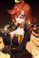  ahoge arm_under_breasts artist_name black_background black_bikesuit black_gloves blonde_hair breasts choker cleavage commentary_request earrings english_commentary female genshin_impact gloves hair_between_eyes hand_up highres jewelry large_breasts long_hair long_sleeves looking_at_viewer looking_over_eyewear mavuika_(genshin_impact) mixed-language_commentary multicolored_hair paid_reward_available partially_unzipped red_eyes red_hair rimless_eyewear smile solo tinted_eyewear upper_body very_long_hair zero130 