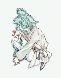  1other amputee bathrobe blue_hair colored_skin commentary_request crystal_hair double_amputee flower from_side full_body hair_over_one_eye highres houseki_no_kuni interlocked_fingers looking_at_viewer looking_to_the_side missing_limb own_hands_together phosphophyllite profile red_flower shiro_(kuro_guu) short_hair simple_background solo translucent_hair v_arms white_background 