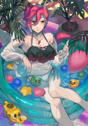  balloon bikini black_bikini black_eyes breasts broken_horn cleavage closed_mouth female highres horns inflatable_duck jewelry large_breasts long_sleeves mismatched_bikini navel necklace open_clothes open_shirt original plant potted_plant red_hair sakoku_(oyatsu3ji_) shin_(sakoku_(oyatsu3ji_)) shirt short_hair side-tie_bikini_bottom sitting solo swimsuit tail tentacle_hair wading_pool watering_can wet wet_clothes wet_shirt white_shirt 